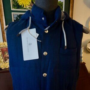 BRUNELLO CUCINELLI LUX Down Padded Vest, Navy,Linen Silk Wool,Hood, M, RT$3200